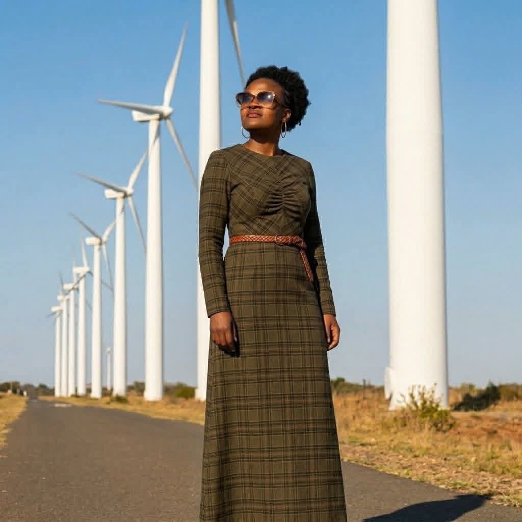 Grace Mafuta in a green plaid dress standing on a road by wind turbines